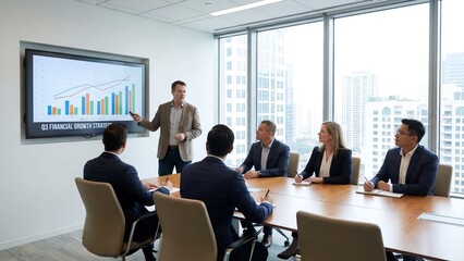 Obraz premium Diverse Business Professionals Analyze Financial Data During a Collaborative Boardroom Meeting with a City View