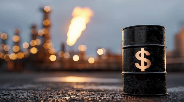 A black oil barrel with a dollar sign stands prominently in the foreground. An industrial oil refinery is blurred in the background, with flames visible.
