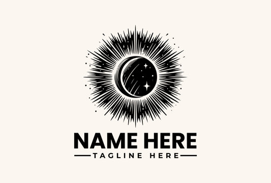 Black and white logo illustration of a stylized sun or solar eclipse with lines radiating from a central circle on a light beige background with space for a custom name and tagline.