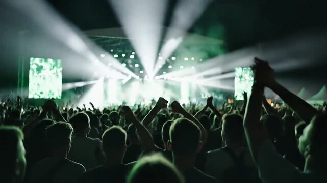 Excited crowd at live music concert with bright stage lights