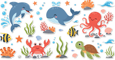 Fototapeta premium Cute Underwater Sea Animals Illustration Set Featuring Dolphin, Whale, Octopus, Crab, Turtle, Tropical Fish, Coral Reefs and Ocean Marine Life Cartoon Collection