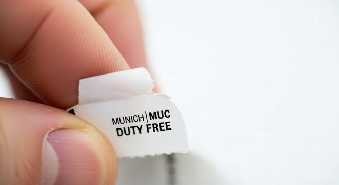 A person's fingers delicately hold a ripped label indicating 'Munich MUC Duty Free', suggesting travel or shopping experiences