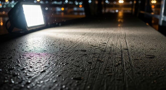 A powerful LED floodlight shines on a textured surface covered in raindrops, creating a dramatic nighttime scene with bokeh lights in the background
