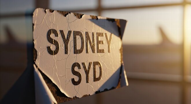 A close-up shot of a distressed sign indicating Sydney airport with its IATA code SYD, bathed in warm sunlight