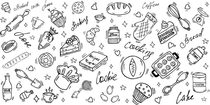 Bakery doodle icons set. Hand drawn baking elements: cooking tools, croissant, bread, cupcake, cake, sugar, flour, milk. Sketch illustration for cafe or restaurant menu and posters. Line art. Vector.