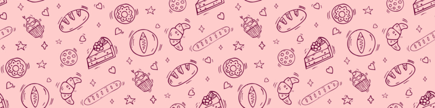 Bakery doodle pattern on pink background. Hand drawn pattern with pastry: bread, cupcacke, donat, croissant, cake. Sketch illustration for cafe or restaurant menu and posters. Line art design. Vector 