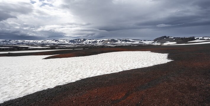 Askja volcano crater, snow-covered volcanic landscape, Iceland