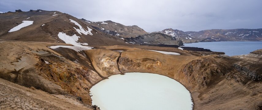 Lake V&iacute;ti and &Ouml;skjuvatn in the crater of the Askja volcano, Dyngjufj&ouml;ll mountain massif, Iceland