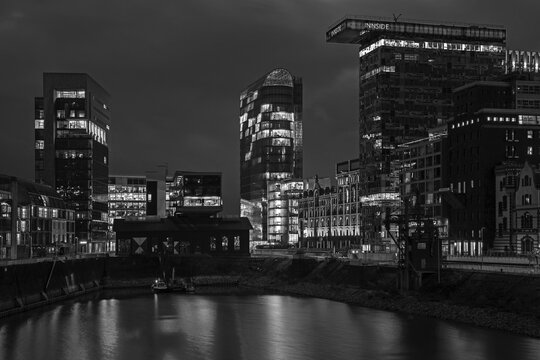 Ensemble of buildings at the Media Harbour, PEC, SIGN!, Alte M&auml;lzerei, Colorium, night shot, Media Harbour, D&uuml;sseldorf, North Rhine-Westphalia, Germany