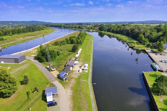 Aerial view from the new Niederfinow ship hoist over the Oder Havel Canal, Niederfinow, Brandenburg, Germany