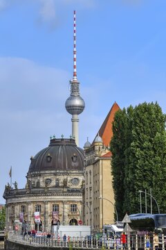 Berlin Television tower behind the Bode Museum, Berlin Mitte district, Berlin, Germany