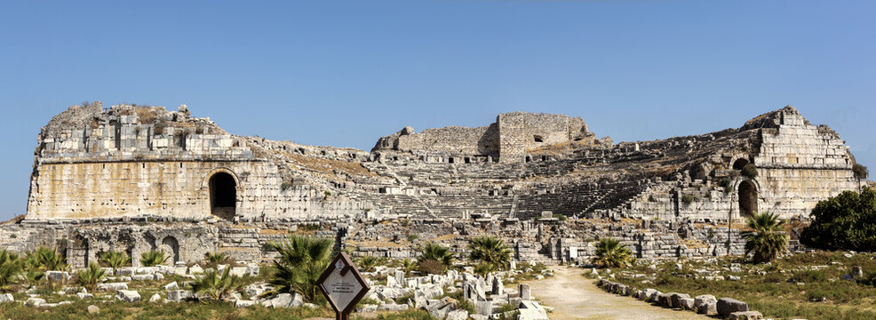 Panoramic view of ancient Roman theater ruins in Miletus archaeological site, Aydin, Turkey