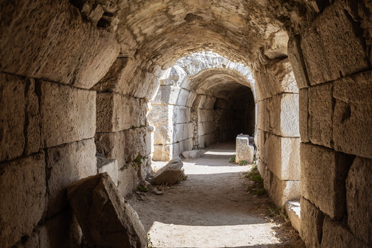 Stone vaulted upper gallery passage of ancient Roman theater in Miletus archaeological site, Turkey