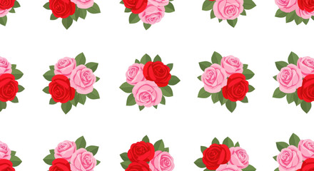 Naklejka premium Seamless Pattern of Red and Pink Rose Bouquets on White Background