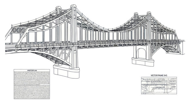 Ornate Suspension Bridge Architectural Drawing with Blueprints