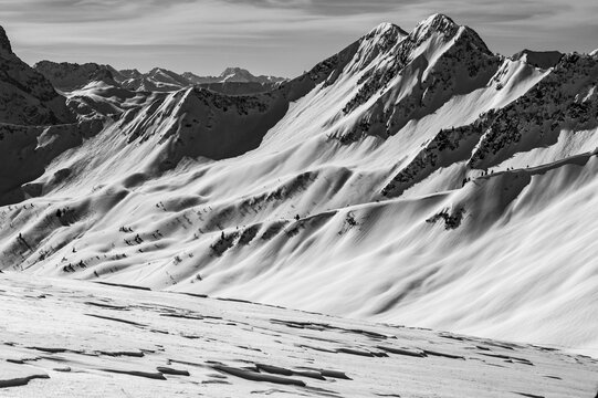 Snow-covered mountain landscape with summit of the Steinmandl, Rietzlern, Kleinwalsertal, Vorarlberg, Austria