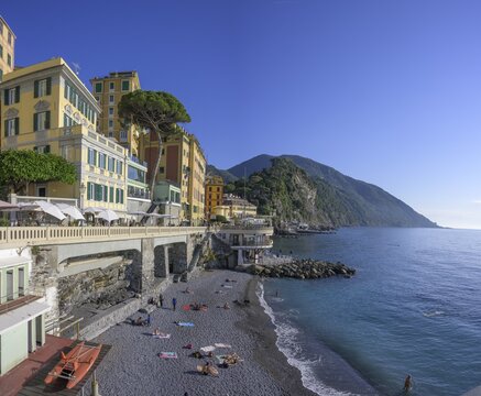 Spiagga Libera and historic skyscrapers, Camogli, Genoa, Italy
