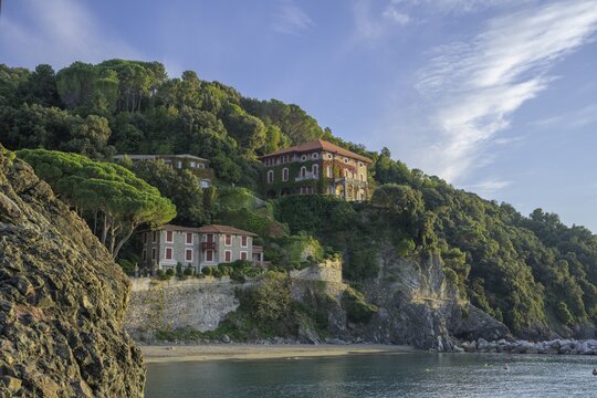 View of villas from the harbour pier, Levanto, province of La Spezia, Italy