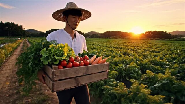 Man holding fresh vegetables in a crate at sunset farm field