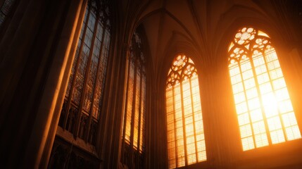 Sunlight streams through intricate stained glass windows, illuminating the gothic architecture inside