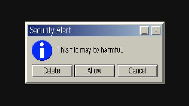 Glitching retro pixel security alert popup window animation loop on dark background