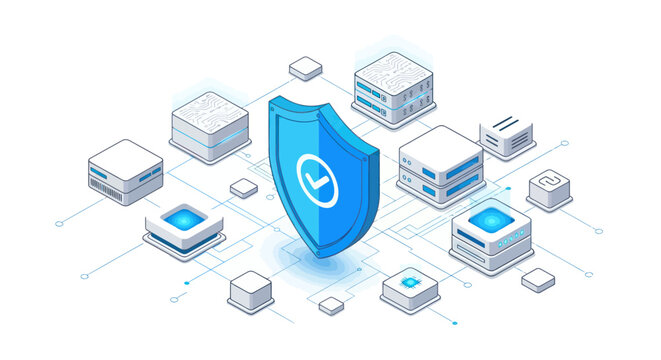 Cybersecurity Shield Protecting Digital Data and Network Servers.