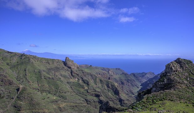 View into the Barranco del Cabrito to the left of the Teide, Palmental hike, Degollada de Peraza, La Gomera, Spain