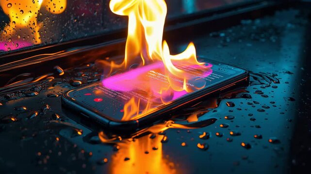 雨の夜に濡れたスマホ画面が燃えるネット炎上のイメージ表現