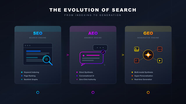 SEO AEO and GEO Search Evolution Infographic for Digital Marketing