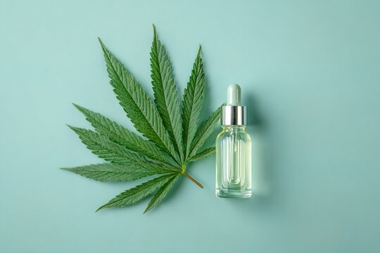 A cannabis leaf is placed next to a glass dropper bottle filled with hemp oil on a blue background. The focus is on medicinal marijuana products and their uses