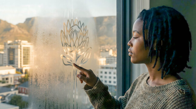 Young black woman drawing on fogged window with city view  