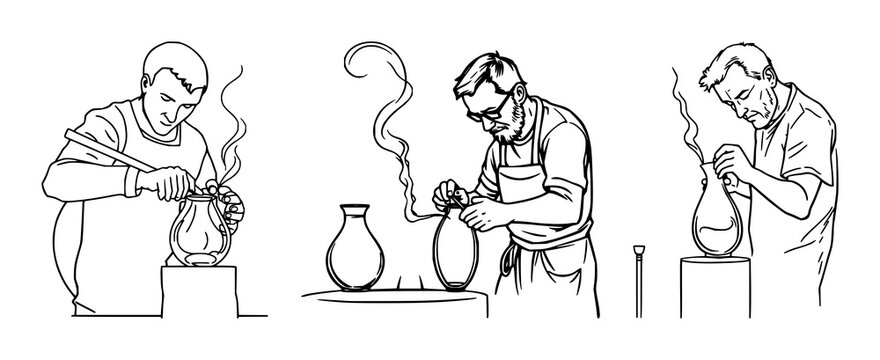 Glassblowing set with continuous line art of a glassblower shaping a vessel featuring glass art, craft, movement with thin black line and white background