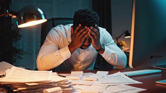 An exhausted African American businessman sits at his desk with many papers late at night. He is stressed and overwhelmed by heavy workload. Ideal for content on burnout or financial stress.