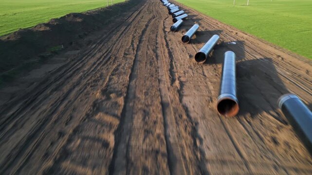 Ground-level perspective of steel pipes for the Balkan Stream gas pipeline in Bulgaria. Row of large diameter tubes on a construction site across green fields under a clear sky