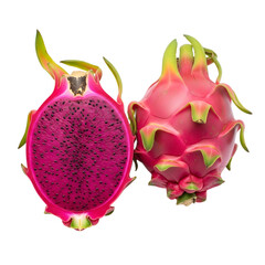 Freshly cut dragon fruit with vibrant pink flesh and tiny black seeds displayed next to an uncut dragon fruit on transparent background. on transparent background