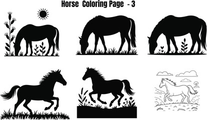 Obraz premium Black and white horse silhouettes and line for coloring