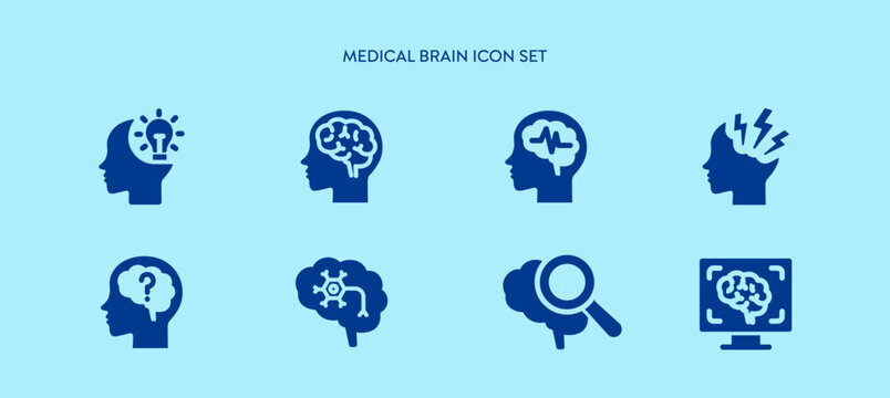 Brain medical healthcare icon set include thinking, head pain, headache, neuron, MRI scan for scientific treatment magnetic resonance disease or depression psychology disorder. solid glyph icons.
