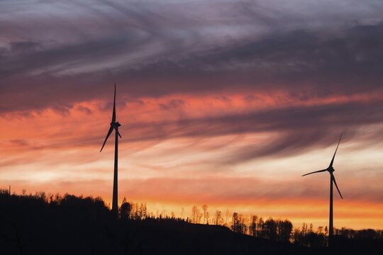 Wind turbines in the evening light, Hesse, Germany