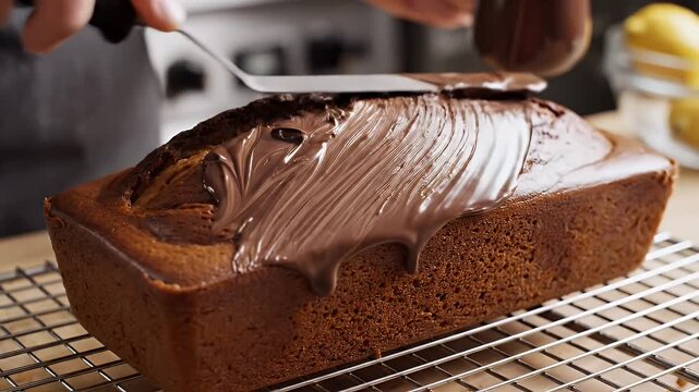 Close up of a baker spreading melted chocolate frosting on a marbling butter tea cake on a cooling rack in a kitchen with natural lighting