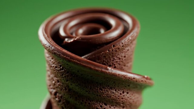 Close up of a Rich Dark Chocolate Tuile Spiral Garnish Shaped Like a Rose in Studio Lighting Against a Vibrant Green Background