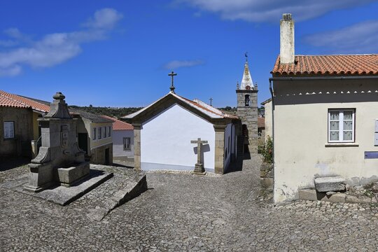 Fountain and Main Church or Sao Pedro Church, Castelo Mendo, Historic village around the Serra da Estrela, Castelo Branco district, Beira, Portugal