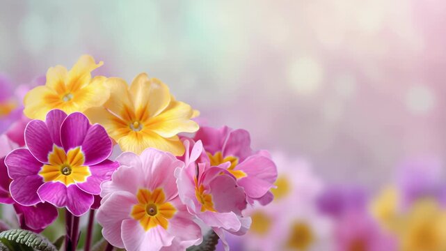 Pastel primula blooms closeup morning light, soft bokeh background. Delicate pink purple petals with yellow centers, clustered stems. Tranquil garden mood. Flower blossoms in peaceful garden setting.