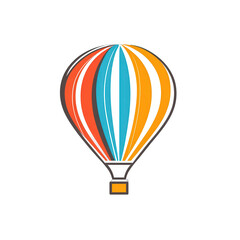 Fototapeta premium Ilustración de un globo aerostático de colores brillantes naranja, azul y rojo sobre un fondo blanco para conceptos de viaje y aventura.