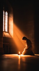 Fototapeta premium A serene figure kneeling in a softly lit space, illuminated by warm beams of light through a window
