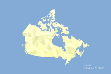 Naklejka premium Canada Map in low poly polygon vector style, geometric shape illustration with soft yellow tones on blue background, clean silhouette for infographic.