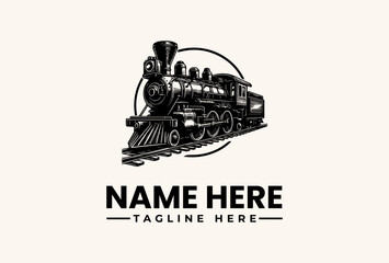 A black and white vector illustration of a vintage steam locomotive with a circular motion line, accompanied by a placeholder name and tagline on a plain beige background. © vectorvovdesign