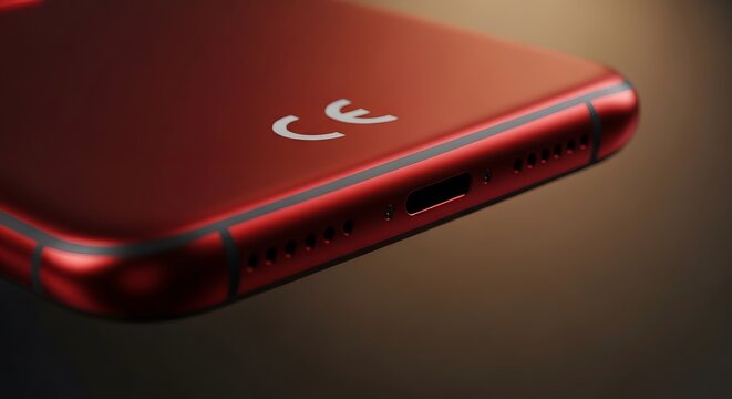 Macro shot of a red smartphone showing the CE mark on its back, representing European safety standards and electronic product compliance