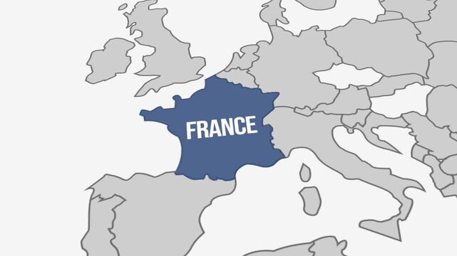 Europe map featuring France in gray with bold text for educational and travel use, 4k close up