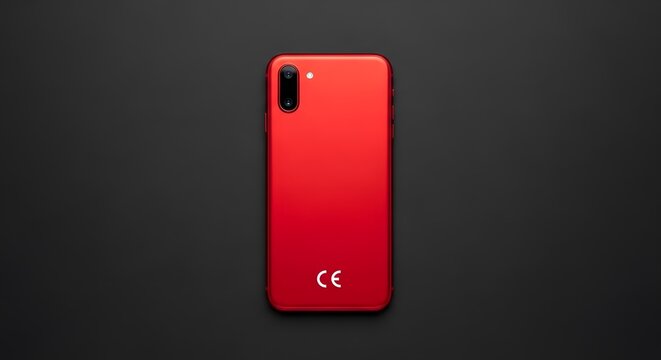 Back view of a sleek red smartphone on a black background, featuring dual cameras and a white CE certification mark, representing European safety standards