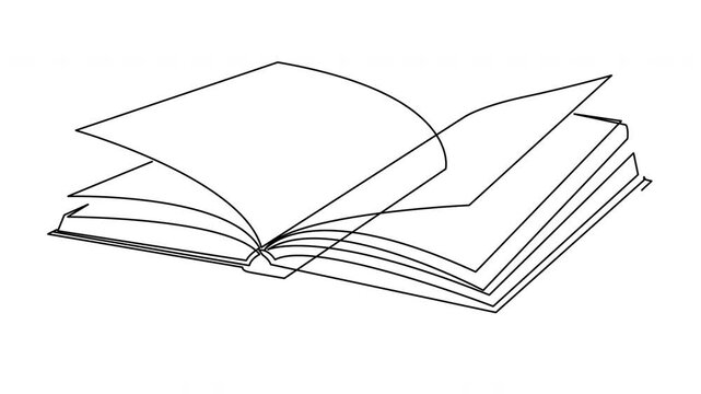 Self drawing animation of open book drawn by single continuous line. 4K animated video, Alpha channel.